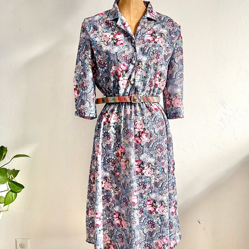 Vintage Cali Look Blue Office Dress Floral Paisley Pink Rose Cottagecore 70s 80s